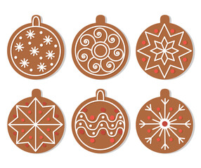 Gingerbread christmas balls set of illustrations in cartoon style. Celebration flat isolated vector.New year happy festive background.