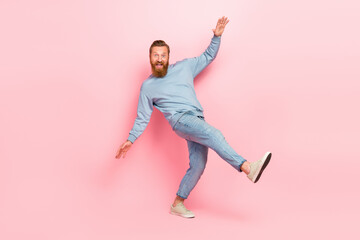 Fototapeta na wymiar Full size photo of satisfied young man enjoy dancing clubbing good mood isolated on pink color background