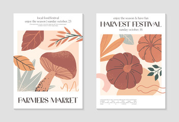 Autumn harvest festival posters with pumpkins,foliage and copy space for text.Trendy autumn covers for invitations,social media marketing,greetings,brochure.Harvest fest vector illustrations