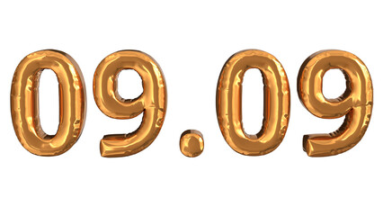 3d rendering of gold foil balloons at event 09.09, suitable for advertising content