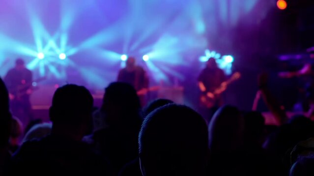 A view from the back of the dancing people at a rock festival.