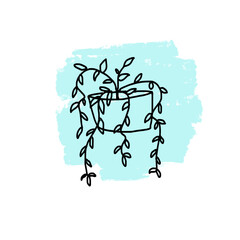 A flower in a pot on the background of a blue paint spot. Doodle potted flowers on a background of paint stains. Vector doodle on the background of a paint spot.