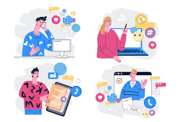 SMM or Social media marketing manager, SEO and marketing specialists set of cartoon characters. SMM specialists or PR managers, Internet marketers, flat vector illustration isolated on white.