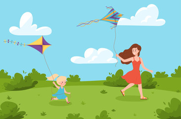 Mother and daughter running at park with flying kites flat style