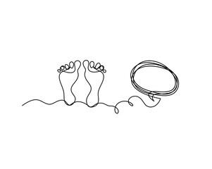 Silhouette of abstract foot with  oval speech as line drawing on white