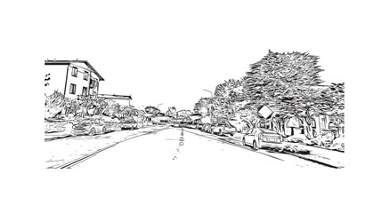 Building view with landmark of Pacific Grove is the 
city in California. Hand drawn sketch illustration in vector.