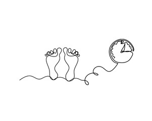 Silhouette of abstract foot with  clock as line drawing on white