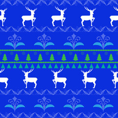 Colorful deer on blue horizontal seamless pattern