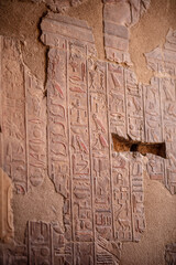 Beautiful mural, hieroglyphs inside the temple of Hatshepsut. Jeser-Jeseru is a masterpiece of...