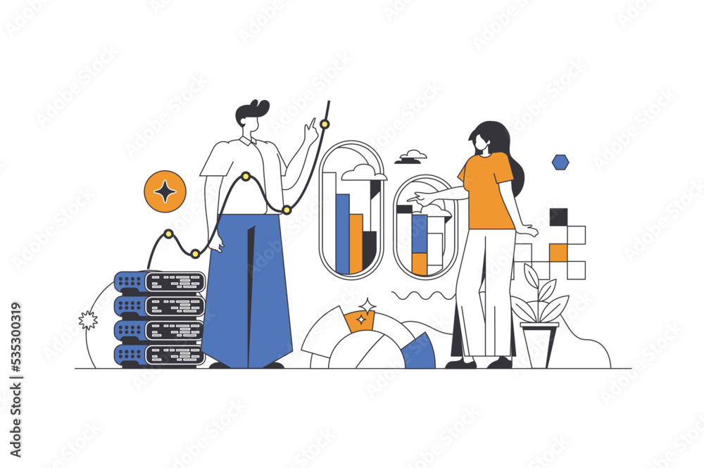 Poster Big data web concept in flat outline design with characters. Man and woman analyzes statistics and researches graphs, working with databases. Planning and strategy people scene. Vector illustration.