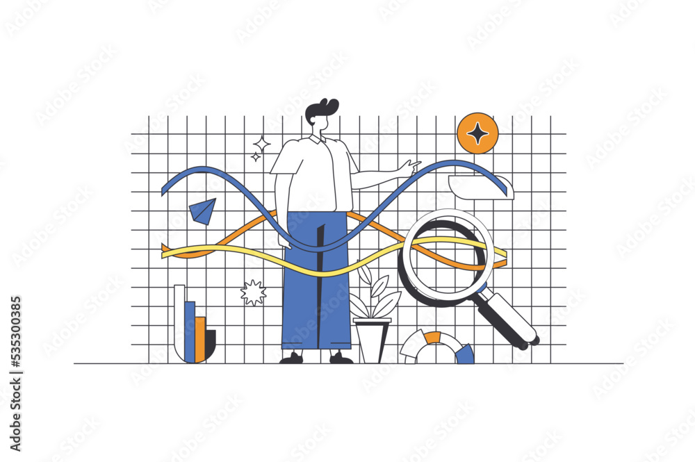 Aufkleber Business statistic web concept in flat outline design with character. Man analyzes data and making financial report or market research. Company budget analyzing, people scene. Vector illustration.