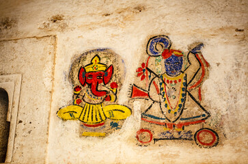 Wall painting of Hindu Gods Ganesha and Vishnu at Bundi palace, Rajasthan, India, Asia