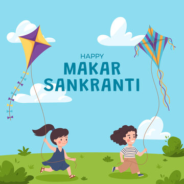 Makar Sankranti banner or card with cartoon kids flat vector illustration.