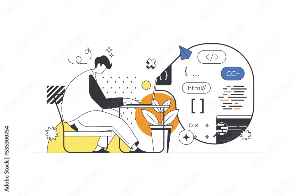 Leinwandbilder DevOps web concept in flat outline design with characters. Man is programming and coding applications or software code. Development operation practice in IT company, people scene. Vector illustration.