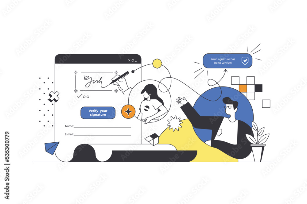 Aufkleber electronic contract web concept in flat outline design with characters. man and woman signing electr