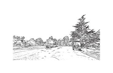 Fototapeta na wymiar Building view with landmark of Pacific Grove is the city in California. Hand drawn sketch illustration in vector.