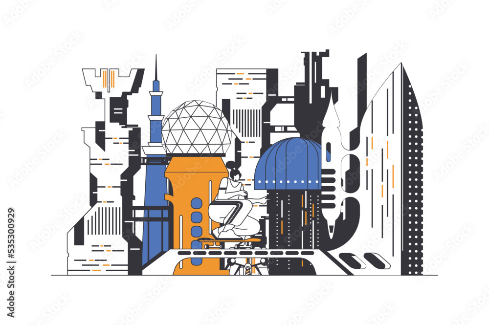 Poster futuristic megalopolis web concept in flat outline design with characters. woman lives in smart city