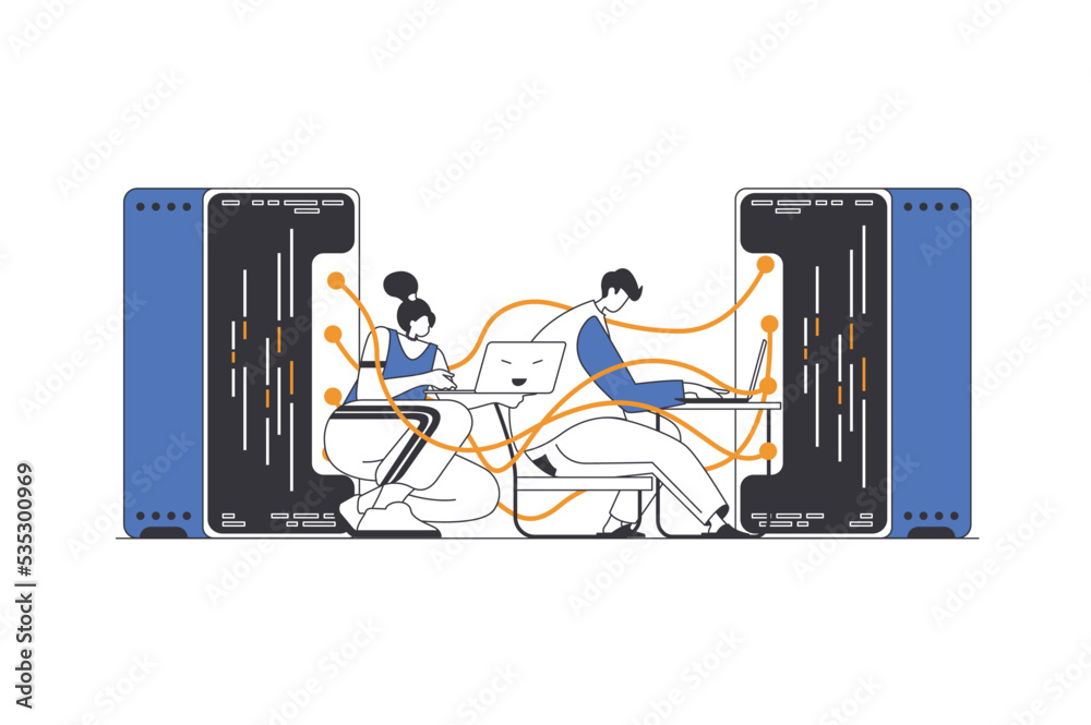 Leinwandbilder hosting provider web concept in flat outline design with characters. woman and man works in technica