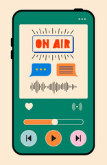Headphones and podcast title on phone screen. Podcast recording and listening, broadcasting, online radio, audio streaming service concept. Hand drawn vector isolated illustrations