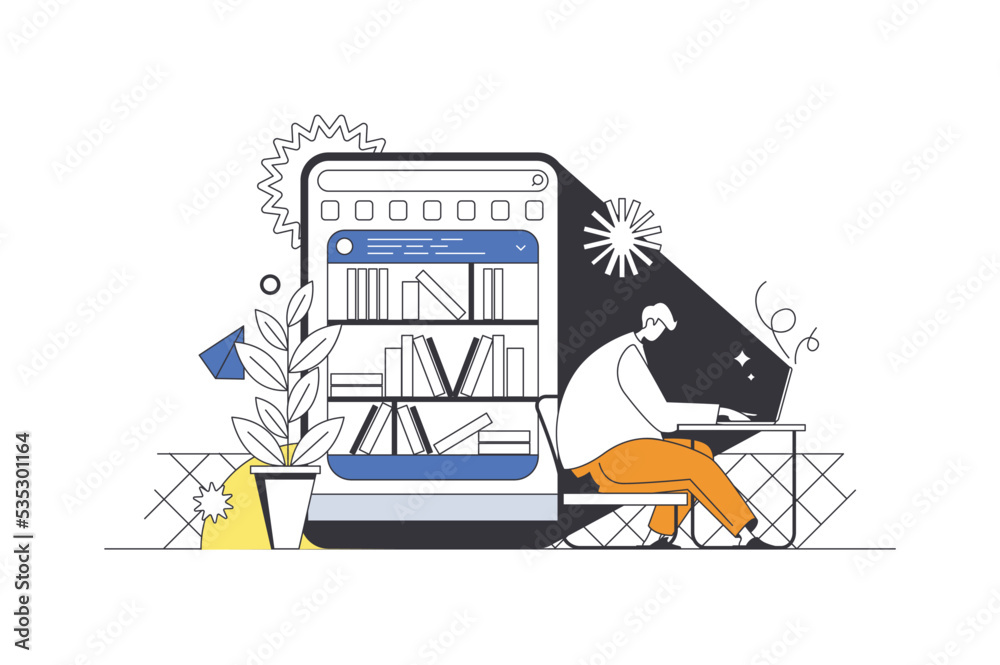 Leinwandbilder online reading web concept in flat outline design with character. man reading e-books or textbooks o