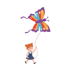 Cute little girl playing with flying butterfly kite flat style, vector illustration