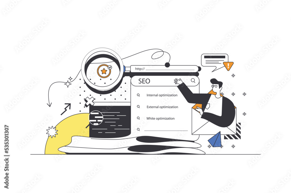 Aufkleber seo optimization web concept in flat outline design with character. man settings, searching and anal