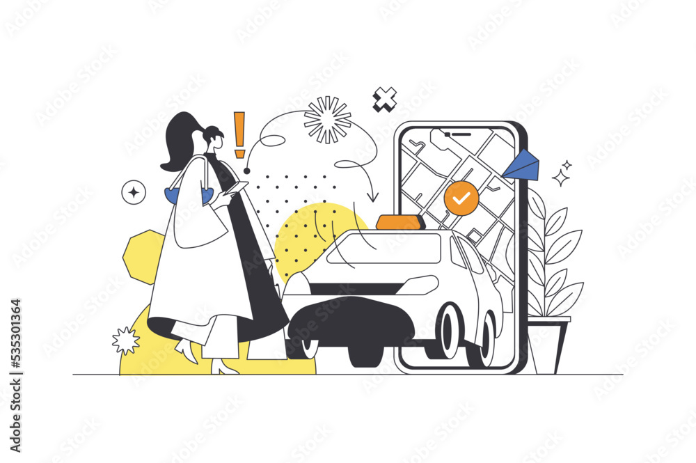 Poster taxi booking web concept in flat outline design with character. woman looking for car and ordering t