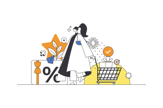 Shop loyalty program web concept in flat outline design with character. Woman receives discount card with cumulative bonuses and using her bonuses with purchase, people scene. Vector illustration.