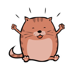 Fat red tabby cat. Cheerful and joyful character. Fed up pet. Cartoon vector illustration isolated on white background. Hand drawn sketch