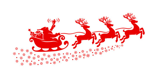 Silhouette of Santa Claus riding in a sleigh with reindeer. Vector on transparent background