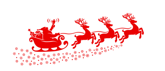 Fotobehang Silhouette of Santa Claus riding in a sleigh with reindeer. Vector on transparent background © Kiselov