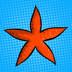 Clam starfish. Sea shellfish. Underwater life and fauna. Symbol of the beach and summer resort. Cartoon vector illustration isolated on blue background. Hand drawn outline style
