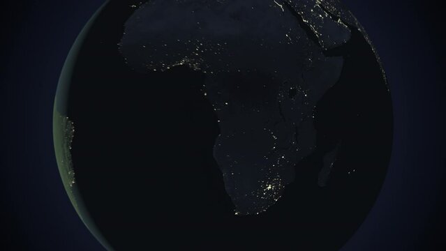 Seamless looping animation of the earth at night zooming in to the 3d map of Comoros with the capital and the biggest cites in 4K resolution