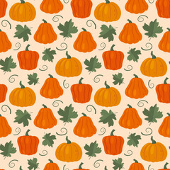 Vector seamless pattern with pumpkins. Fall season gourd harvest. Vector illustration for autumn design for scrapbooking, wrapping paper, fabric, textile.