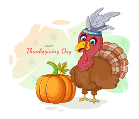 Postcard Happy Thanksgiving Day with cartoon turkey and pumpkin