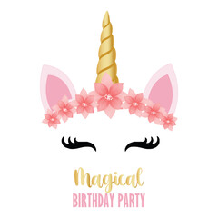 Birthday party invitation with unicorn and flowers