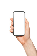 Man's hand with a phone on a white isolated background