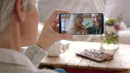 Video call, family and happy couple with engagement and proposal announcement for senior mother on the phone. Senior woman, zoom video conference screen and distance communication with 5g network - Powered by Adobe