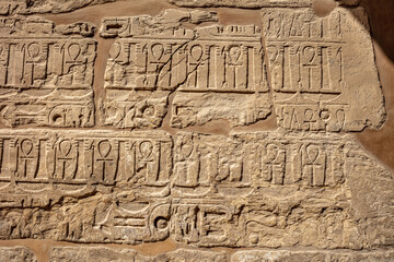 Different hieroglyphs on the walls and columns in the Karnak temple. Karnak temple is the largest complex in ancient Egypt.
