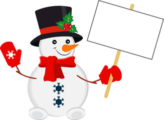 A snowman in a hat, mittens and a scarf with a sign in his hands.