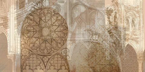 Gothic architecture in vintage style, texture background with scuffs, art drawing, photo wallpaper