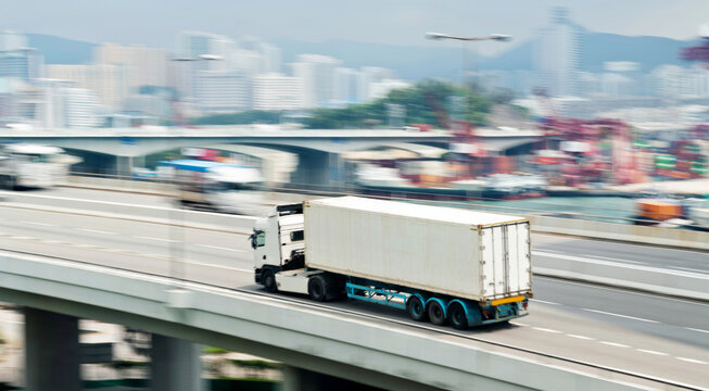 Container Truck Motion Blur On Highway Overpass