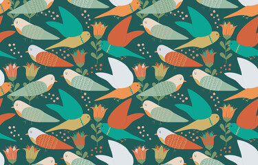 Cute seamless texture with birds, vector. Colorful illustration with parrots for kids. Perfect for apparel, wallpaper, surface decoration and more