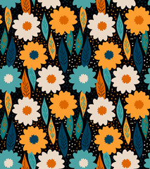 Vintage floral seamless pattern, vector. Vibrant texture with flowers in hippie style