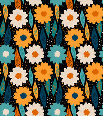 Vintage floral seamless pattern, vector. Vibrant texture with flowers in hippie style