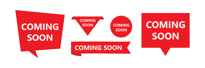 coming soon banner label. Promotional banner sign. New product release symbol. Paper label banner. Coming soon adhesive tags.