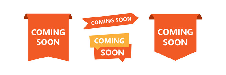 coming soon banner label. Promotional banner sign. New product release symbol. Paper label banner. Coming soon adhesive tags.