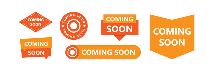coming soon banner label. Promotional banner sign. New product release symbol. Paper label banner. Coming soon adhesive tags. - obrazy, fototapety, plakaty