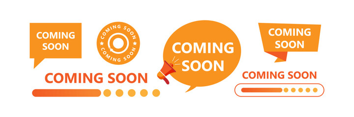 coming soon banner label. Promotional banner sign. New product release symbol. Paper label banner. Coming soon adhesive tags.