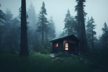 A lonely cabin in the woods built by settlers. 